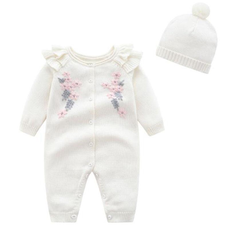 Knitted floral jumpsuit and hat set