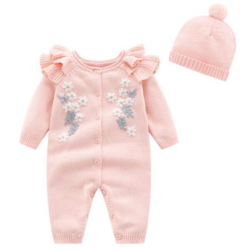 Knitted floral jumpsuit and hat set